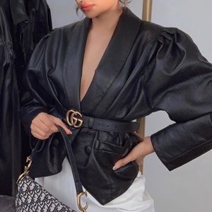 Puffed Shoulder Faux Leather Jacket